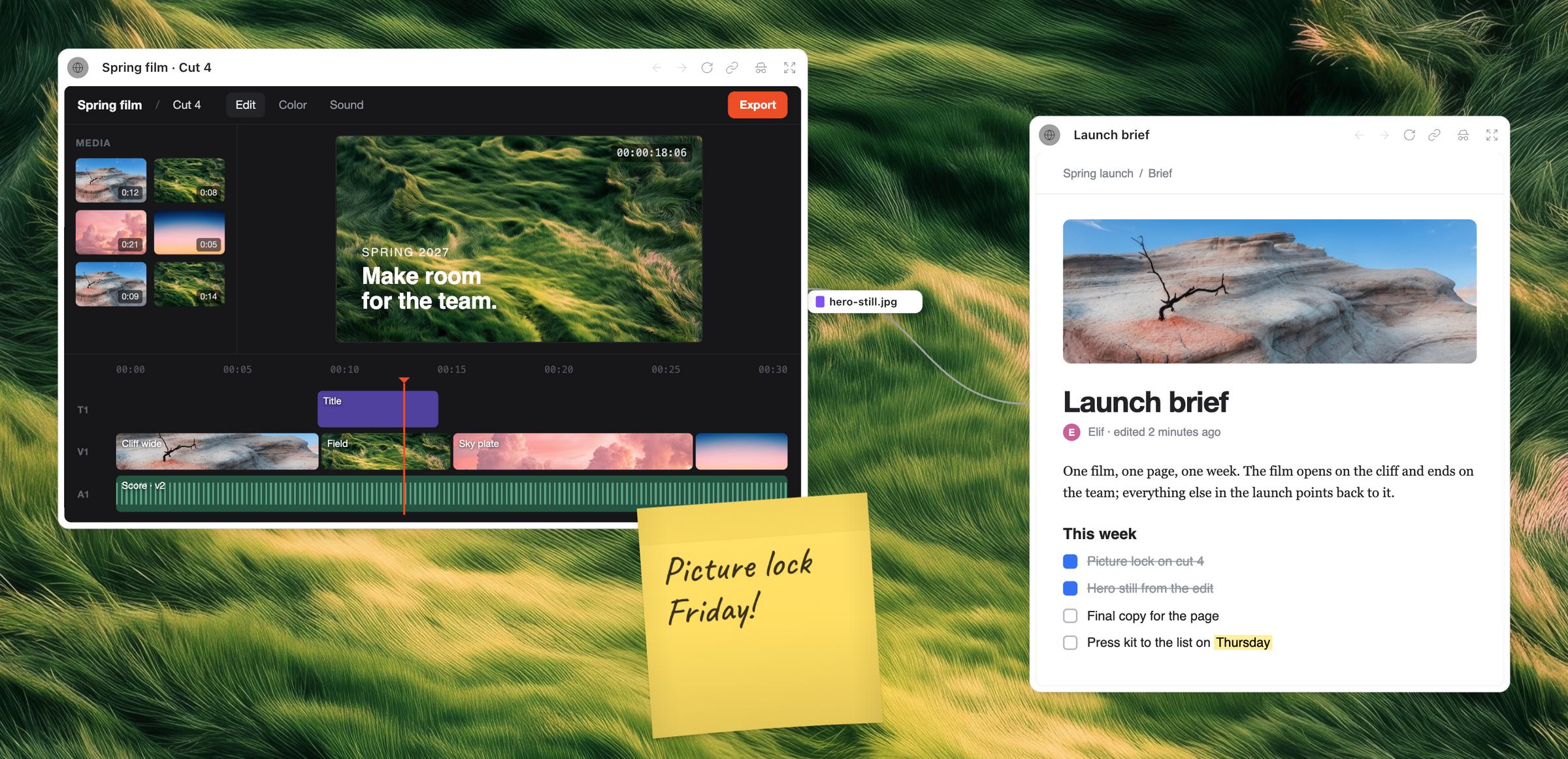 Close-up of a Mosaic board on the Grass wallpaper: a film edit and a launch brief open side by side, connected by a line. A file, hero-still.jpg, is on its way along the line from the edit to the brief. A yellow post-it says: Picture lock Friday!