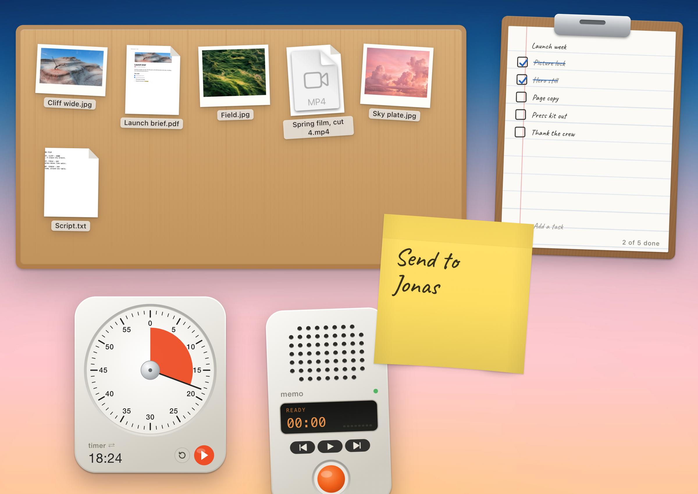 Close-up of a Mosaic board on the Gradient wallpaper: a wooden desk with photos, a PDF, a film and a script on it; a task list on a clipboard, a post-it that says Send to Jonas, a timer at 18:24 and a voice memo recorder.